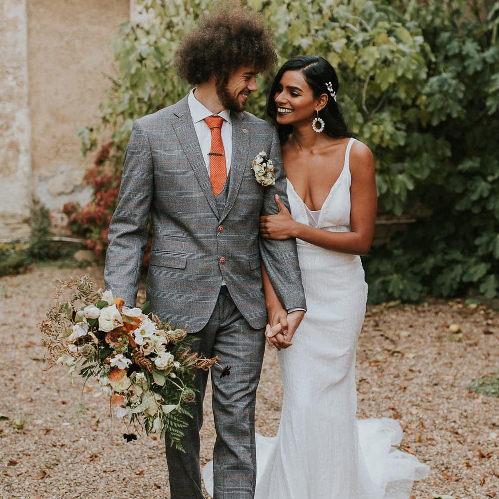 Bride and groom at Autumn wedding at Hooton Pagnell Hall 
