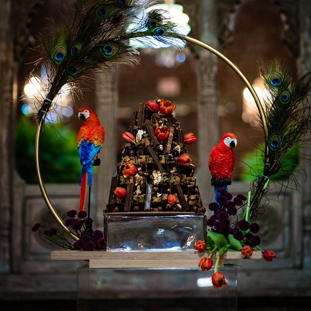 Amazing wedding cake surrounded by parrots and peacock feathers
