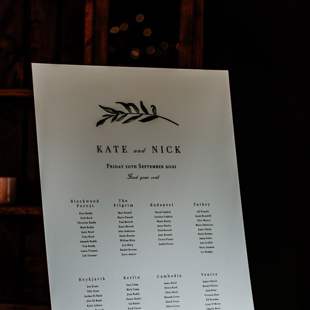 Seating chart sign with tables named after different countries on wooden easel 