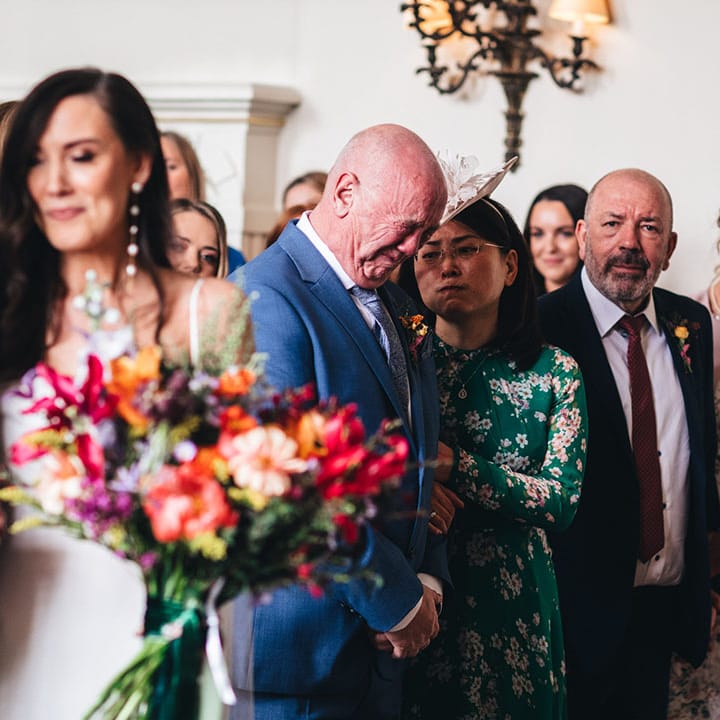 Father of the bride gets emotional as he sees his daughter get married. at Elmore Court Gloucestershire wedding venue 