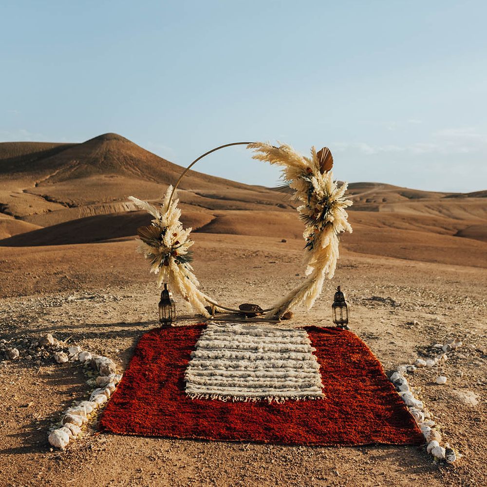Boho pampas grass moongate altar decoration for desert elopement 