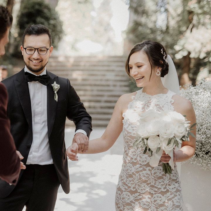 Outdoor wedding ceremony at Badia di San Vittore in Italy