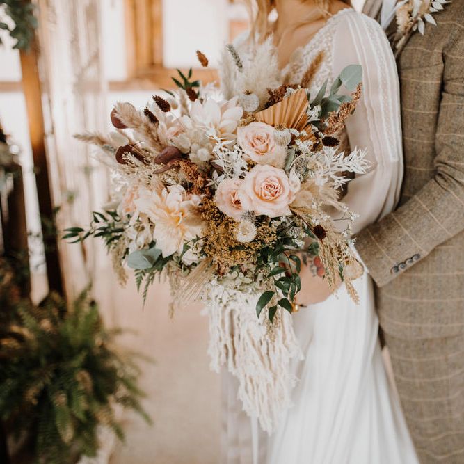 Boho Luxe wedding flowers with pink roses and pampas grass