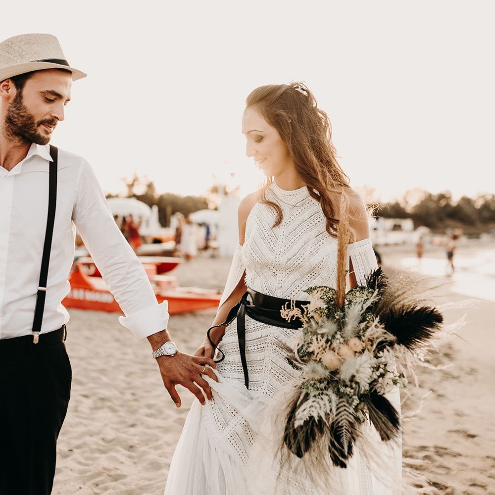Bride and groom at boho wedding
