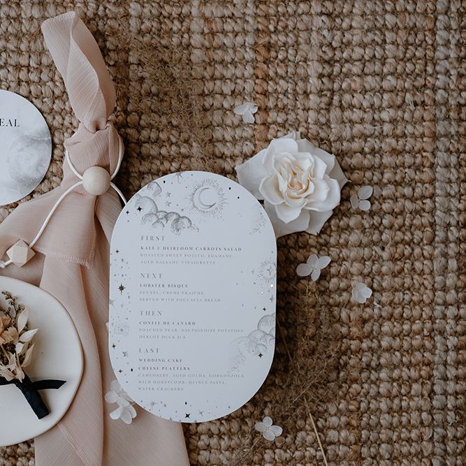 Celestial wedding stationery design and buttonhole 