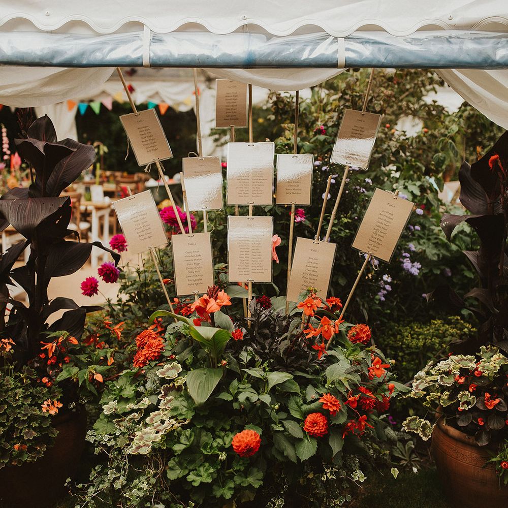 Wedding table plan in a planter box with craft paper stationery 
