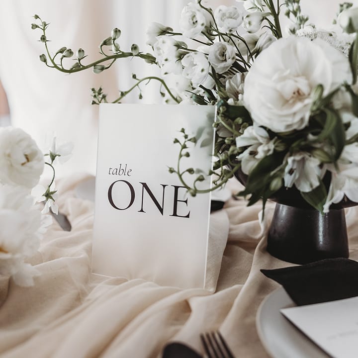 Frosted acrylic table number wedding sign made from recycled material 