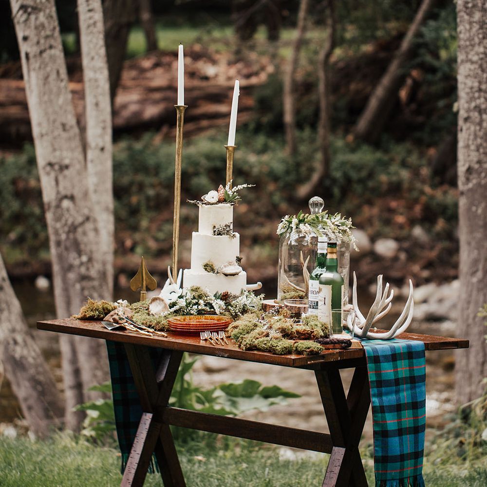 Wedding cake table and whisky station with buttercream wedding cake, moss and antler decor 
