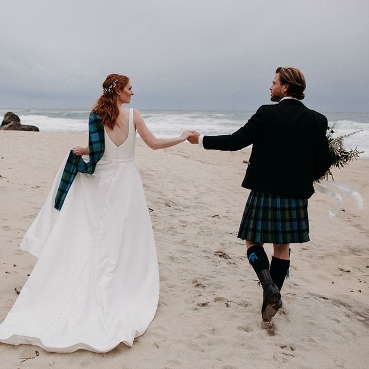 Big Sur coastal wedding photography with bride and groom dresses in blue and green tartan 