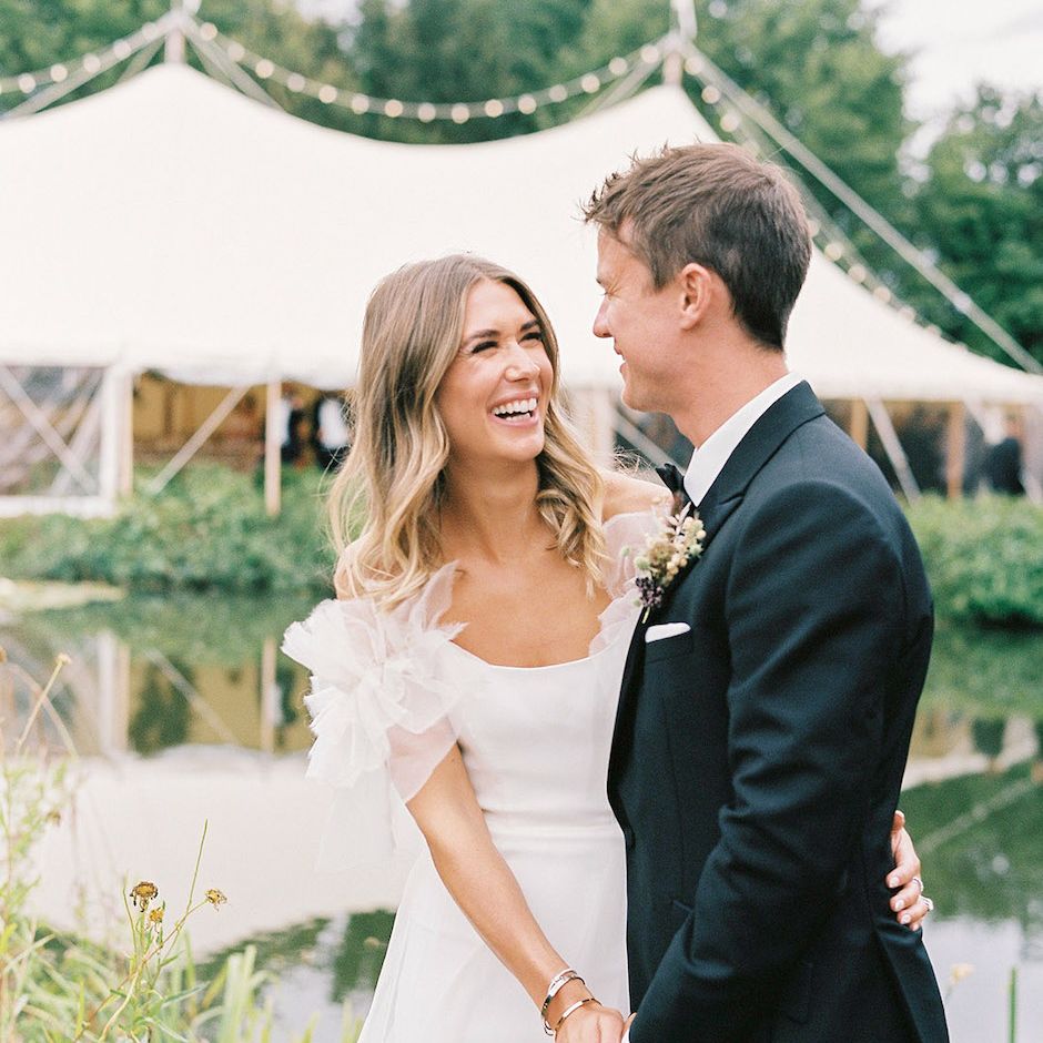 Bride and groom at marquee wedding