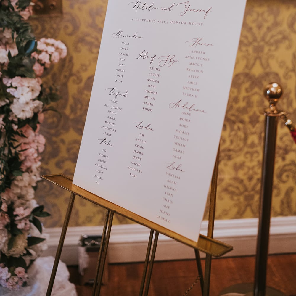 Classic black and white seating chart with gold easel 