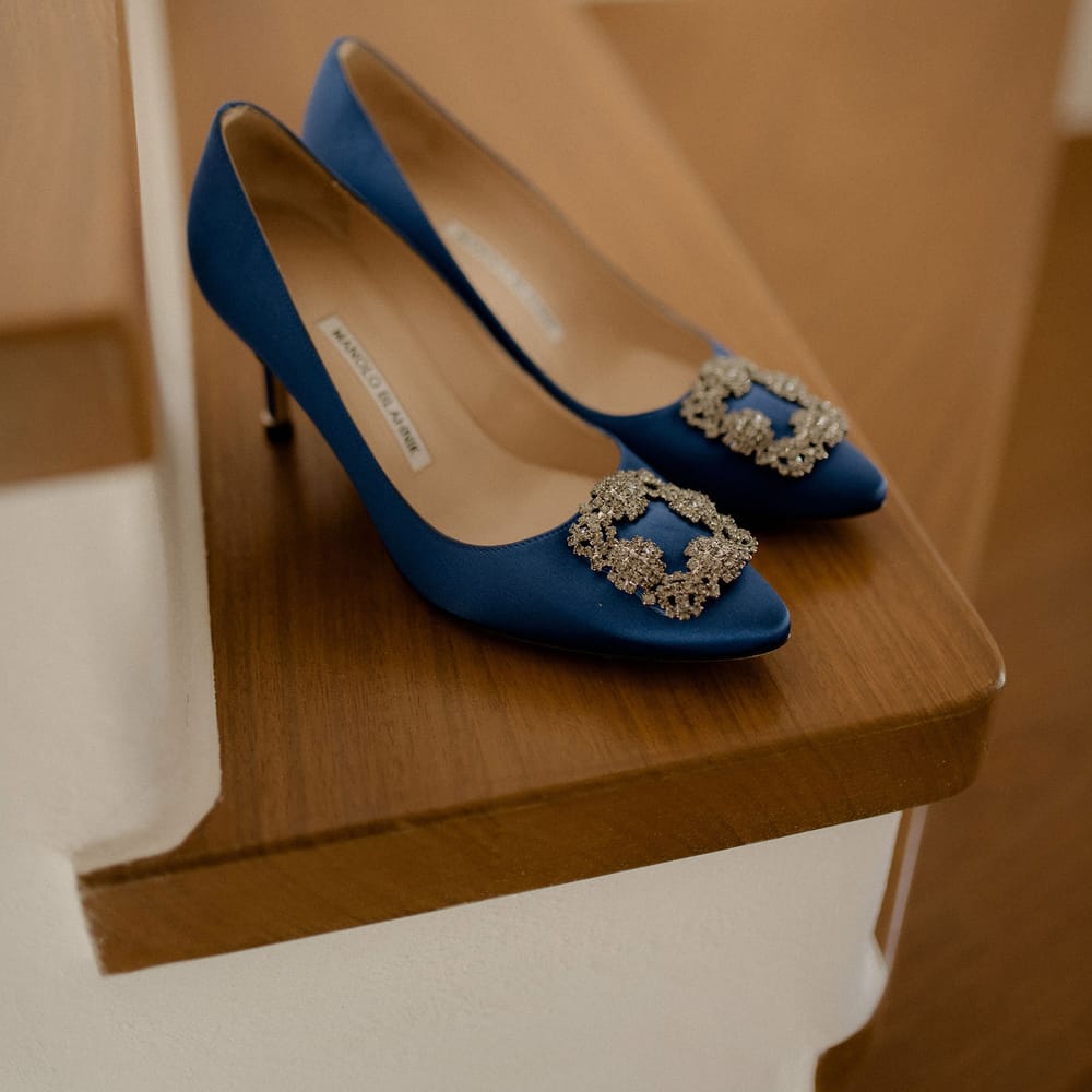 Royal Blue Manolo Blahnik wedding heels with embelished decor
