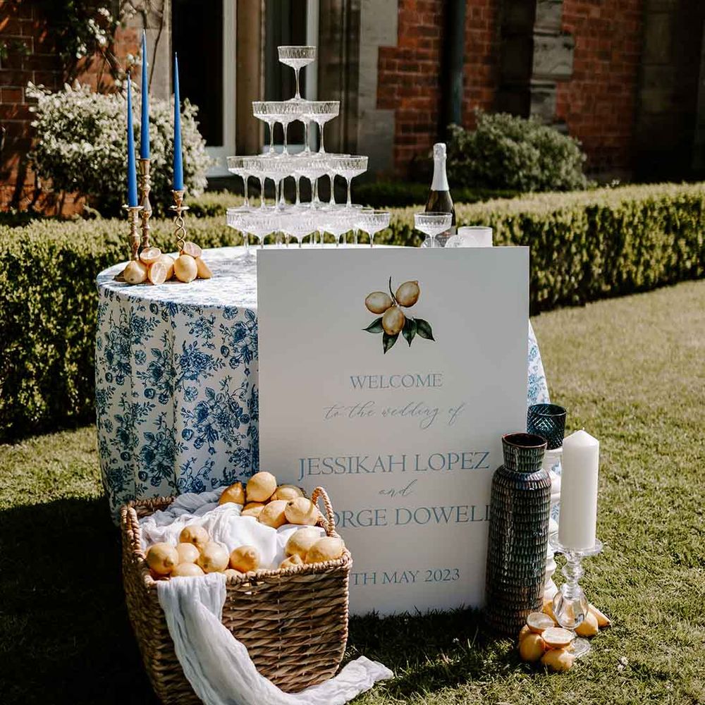 champagne tower at outdoor Capesthorne Hall wedding 