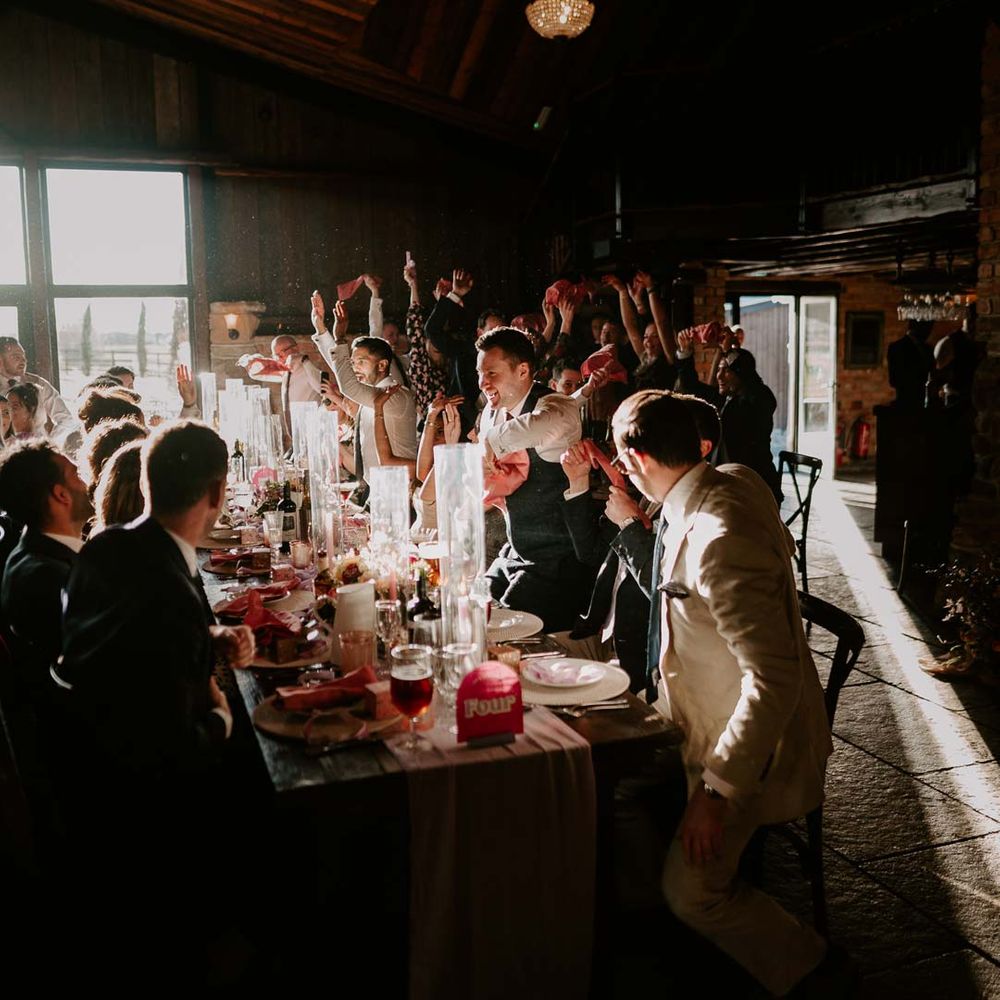 Reception room of Willow Marsh Loughborough wedding venue with rustic luxe wedding tablescapes