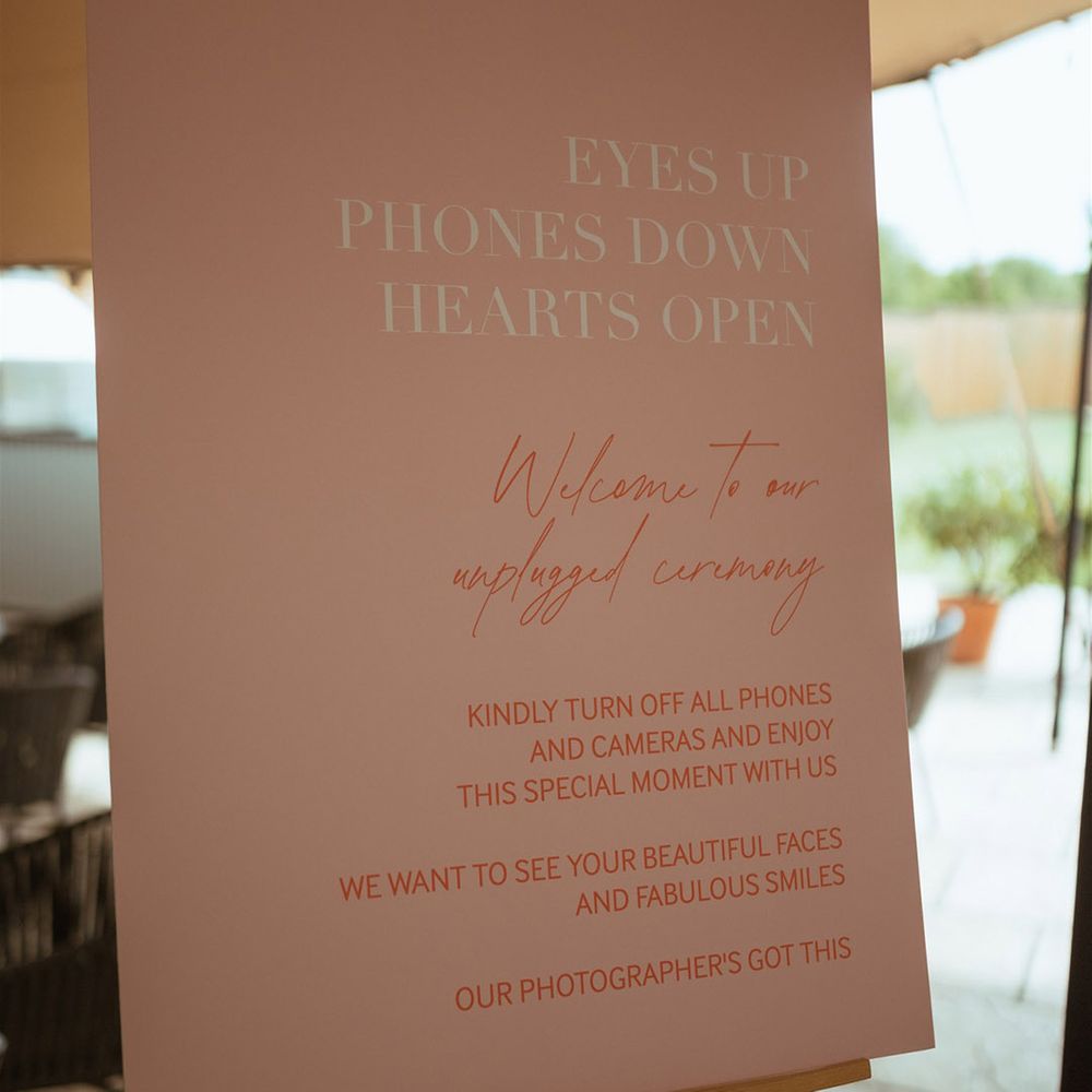 Pink and white unplugged wedding ceremony sign for outdoor wedding 