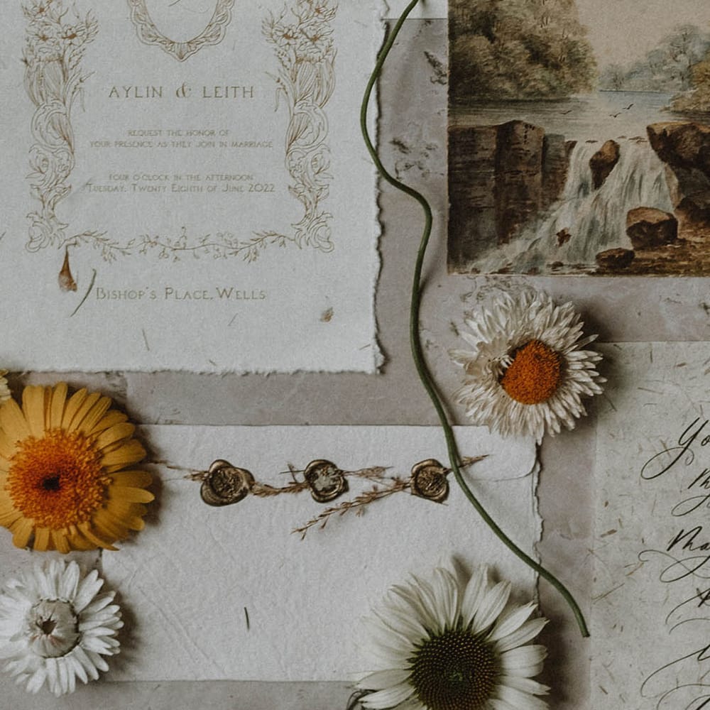 vintage style wedding stationery suite with gold scrip font and design