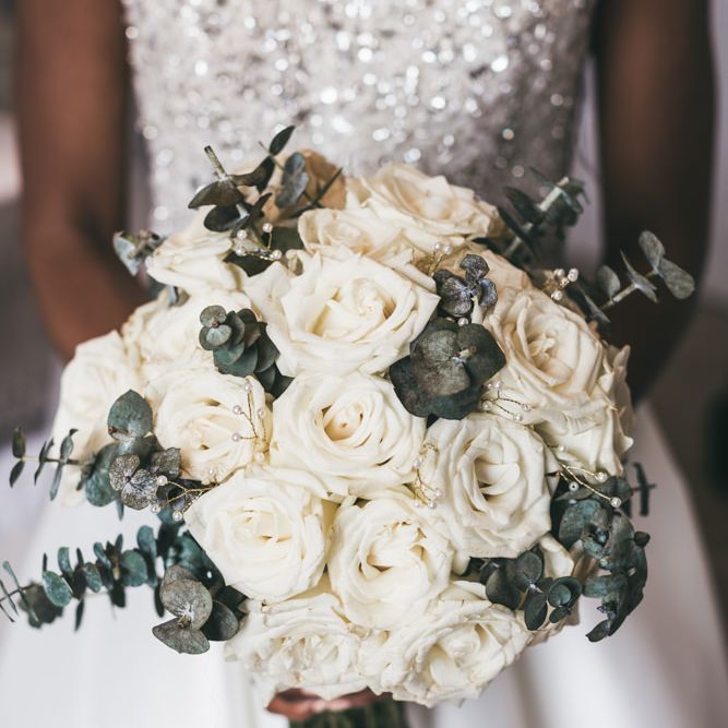 DIY white rose wedding bouquet with eucalyptus 