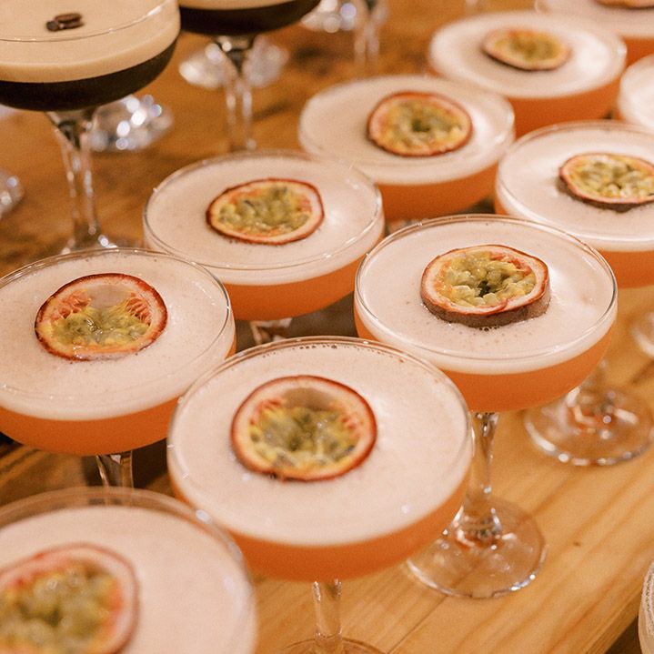 Pornstar martini wedding drinks for the wedding cocktail hour at Tythe Barn 