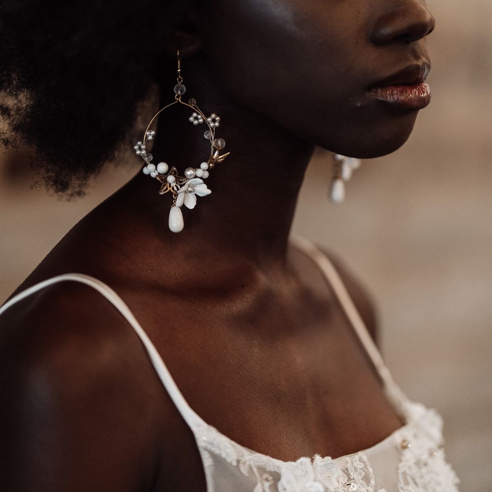 Intricate hoop bridal earrings with pearl and diamanté details 