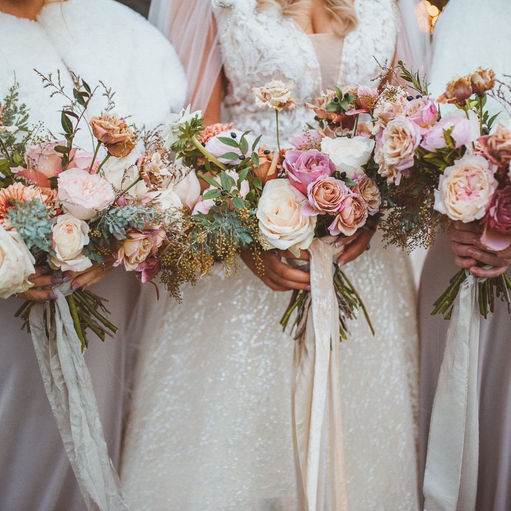 Blush pink rose and dahlia wedding bouquets for bride and bridesmaids 