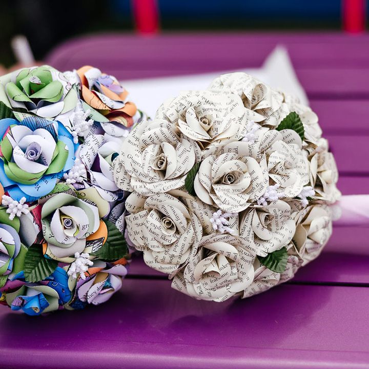 Black and white and colourful newspaper bridal bouquets 