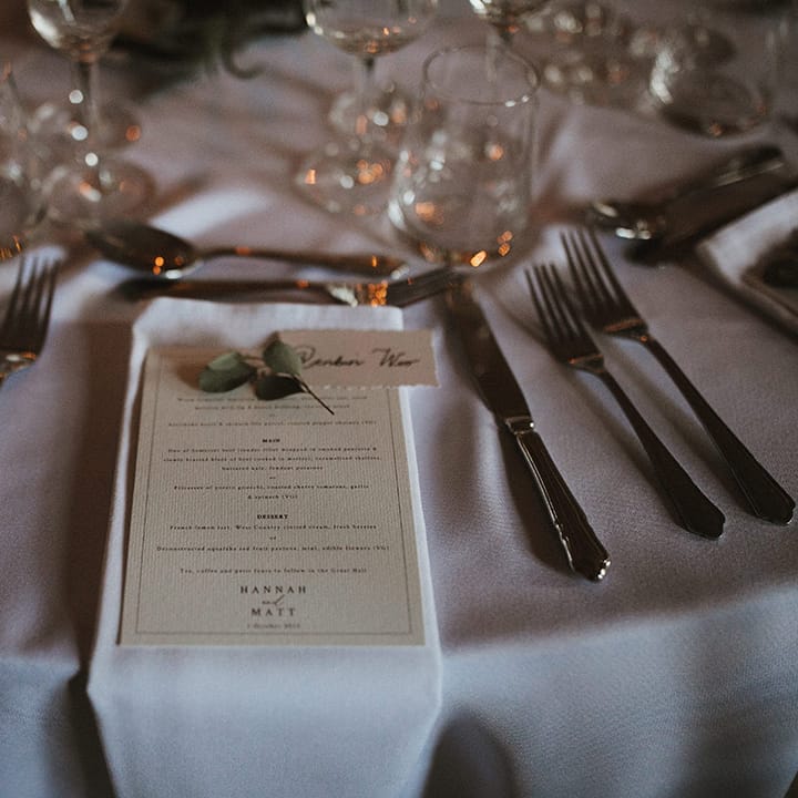 Traditional and simple white and green wedding place setting 