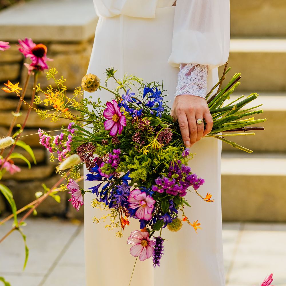Pink, green and purple wildflower wedding bouquet 