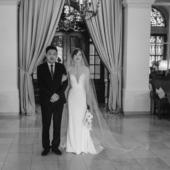 Father of the bride and daughter about to walk down the aisle 
