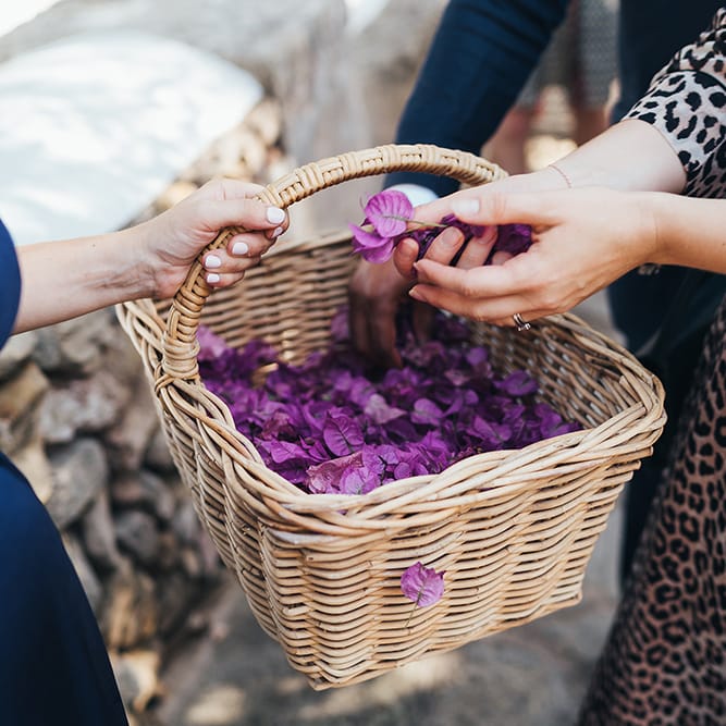 Woven wooden basket filled with purple petals for confetti 