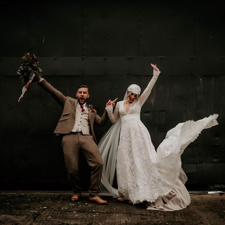 Fun bride and groom portrait at Lyde Court, Hereford wedding venue 