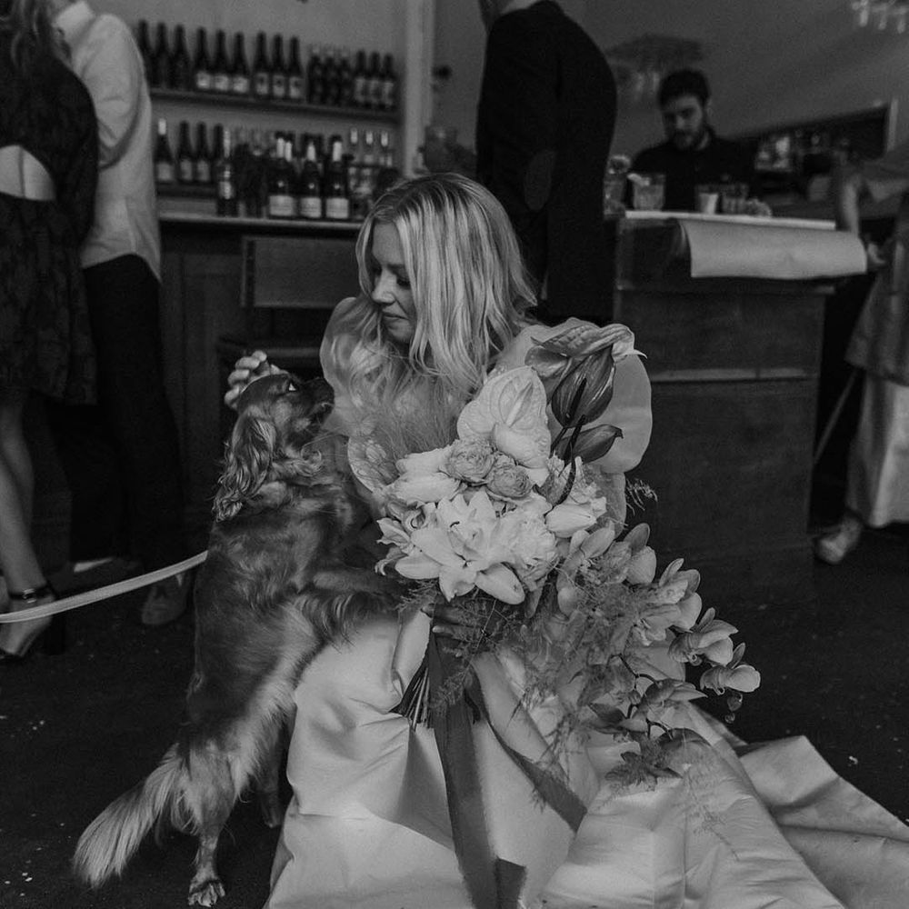 Black and white portrait of the bride with her King Charles Spaniel dog on her wedding day 