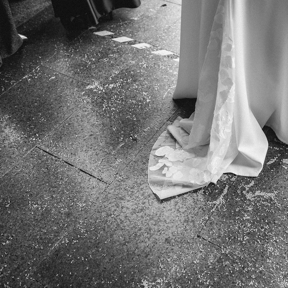 Lace insert in contemporary Rime Arodaky wedding dress