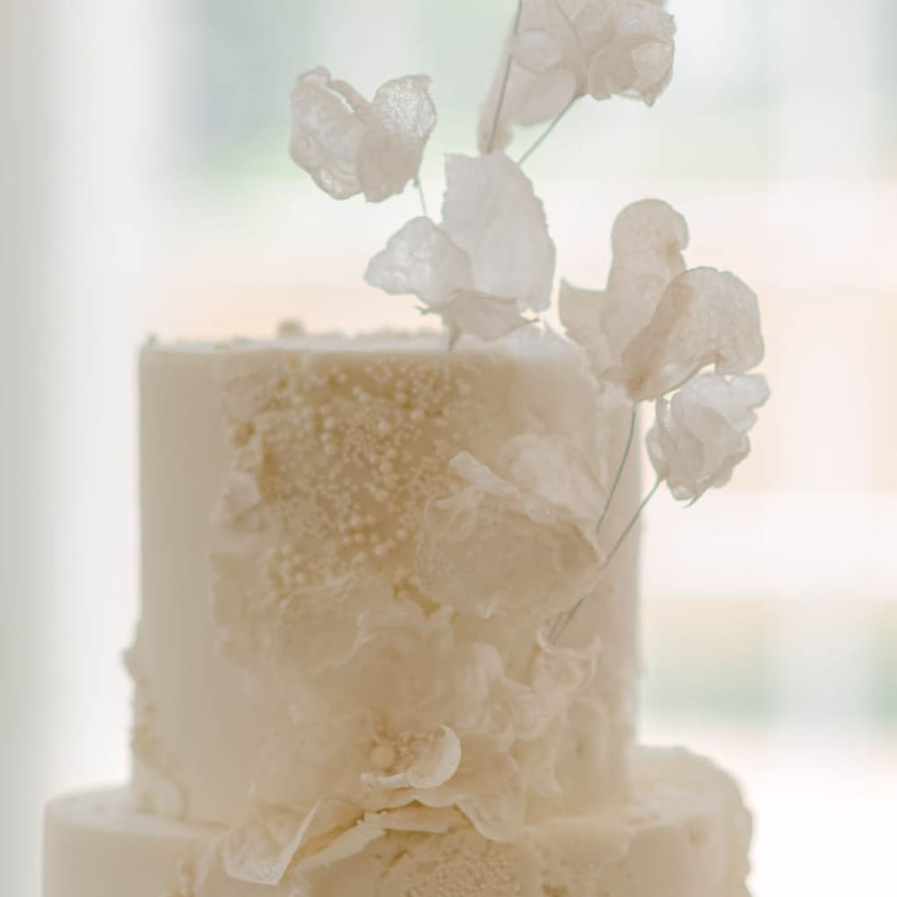 Close up on the classic white two tier wedding cake with pretty and elegant texture detail 