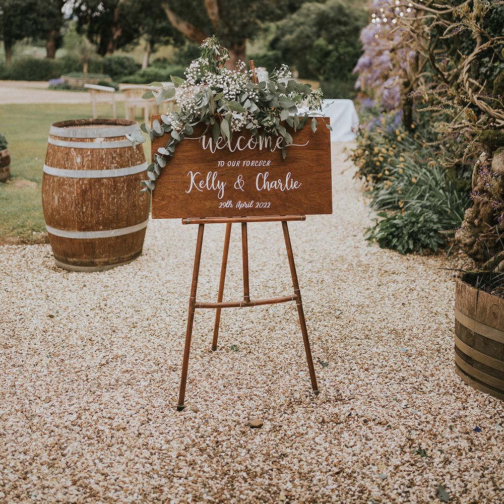 Wooden wedding welcome sign for Kelly & Charlie's traditional wedding 