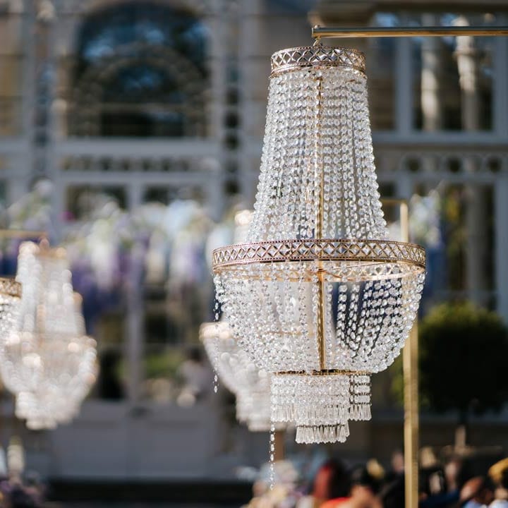 Gold and crystal outdoor wedding chandeliers at Syon Park