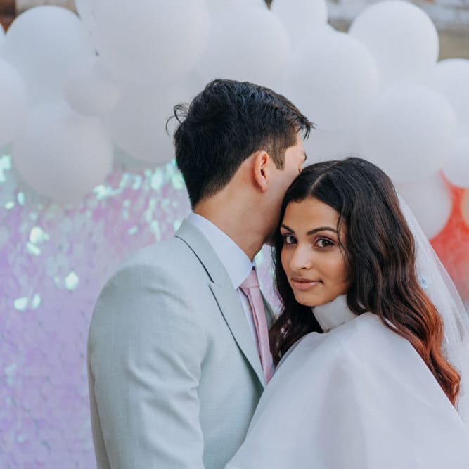 Bride in ruffle wedding dress