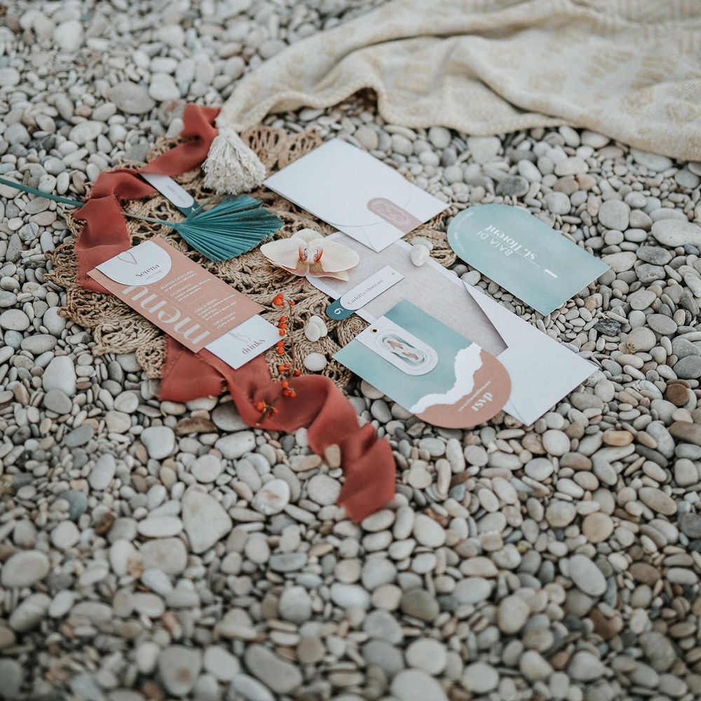 Wedding stationery suite in seafoam and coral tones for Italian beach wedding 