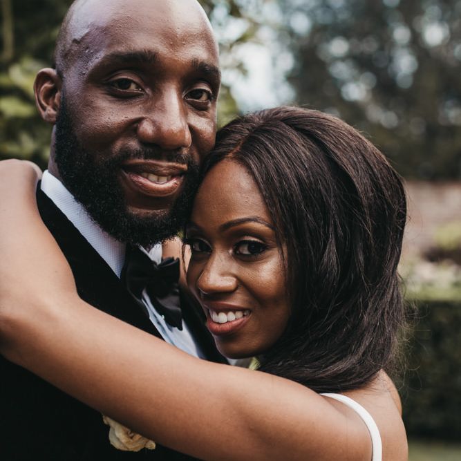 Intimate wedding portrait of a Black bride and groom at their classic wedding 