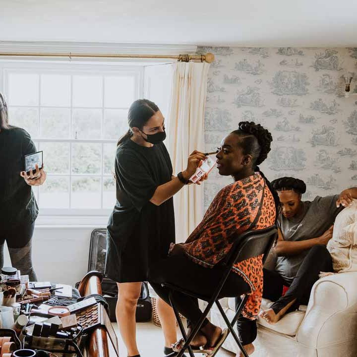 Bridal hair and makeup preparations taking place at Tredudwell Manor 