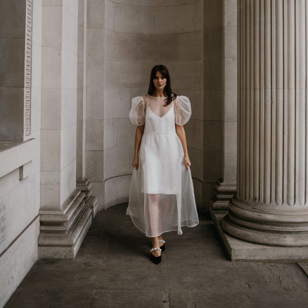 Wedding Dress by Sorry Of My Dress with sheer layer and puff sleeves