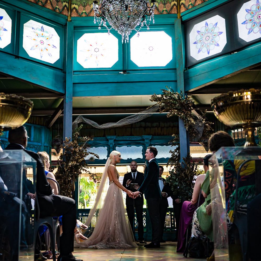 Amazing ceremony at South Africa wedding venue with chandelier
