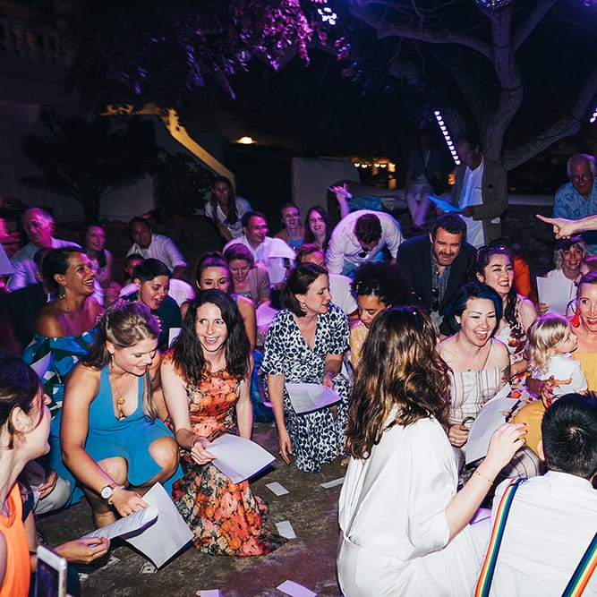 Wedding guest party the night away during wedding reception in Menorca