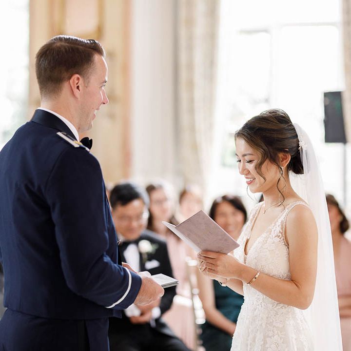 Bride & groom during wedding ceremony at Danesfield House