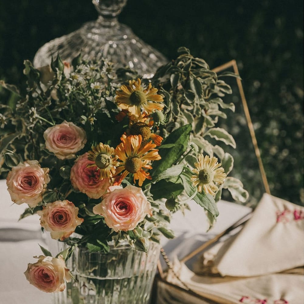 wedding flowers in a glass vase