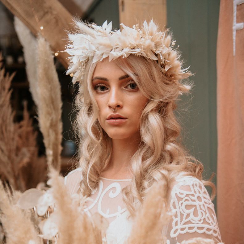 Bride wears pampas grass flower crown