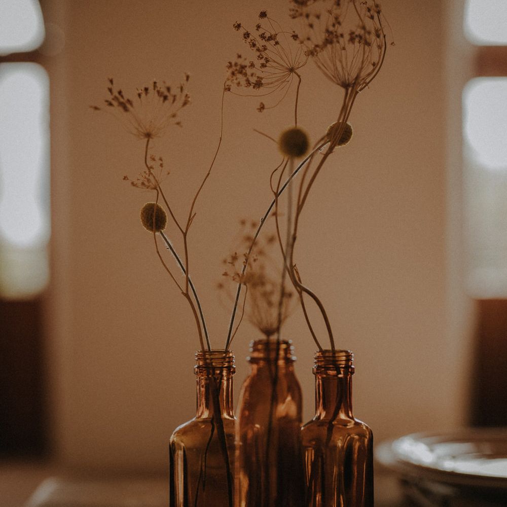 Brown bottles filled with dried flower stems 