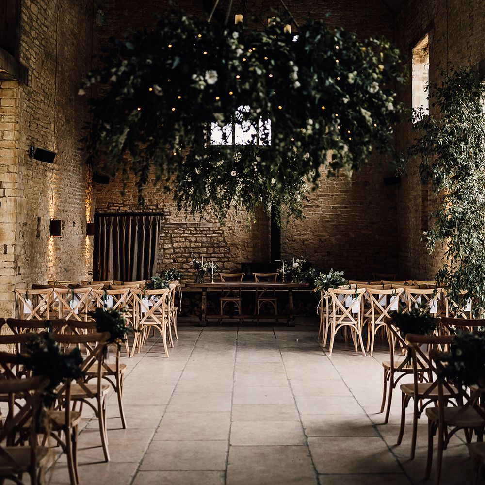 Old Gore Barn decorated with greenery and foliage 