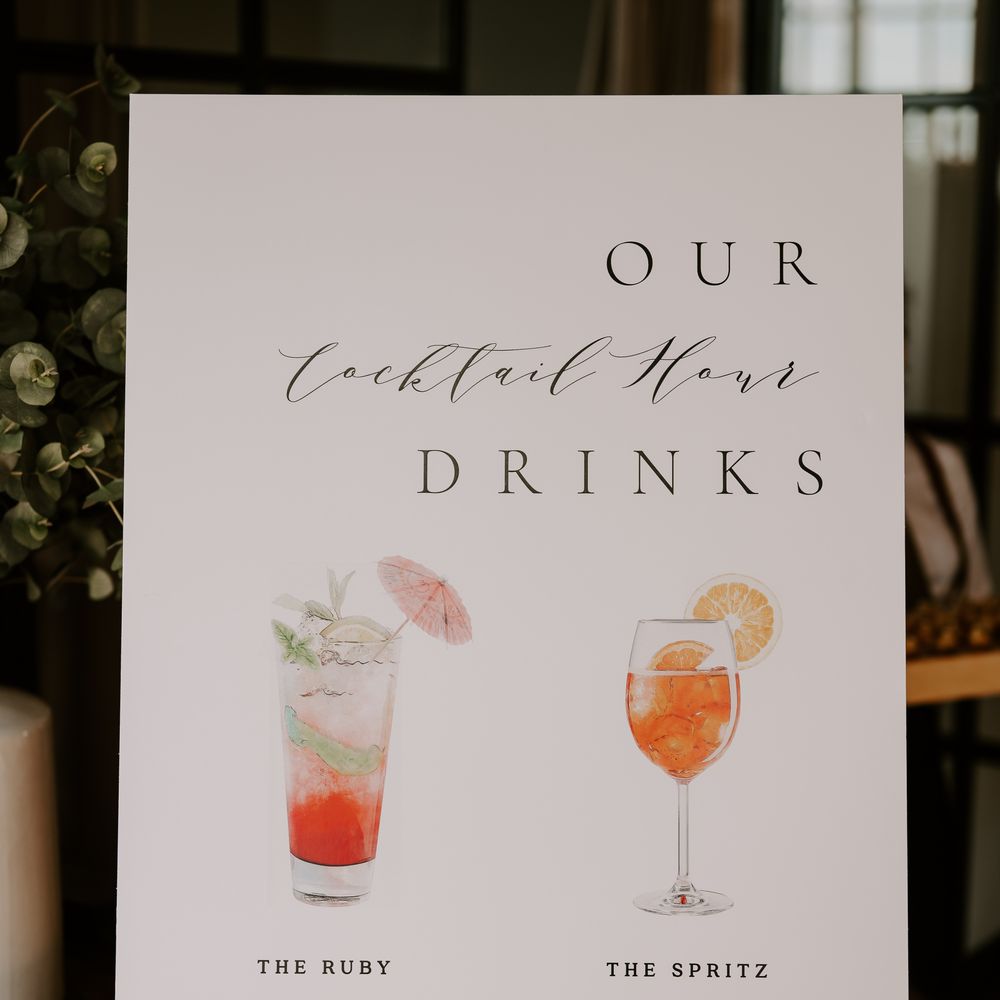 Modern wedding signage complete with watercolour illustration of cocktails 