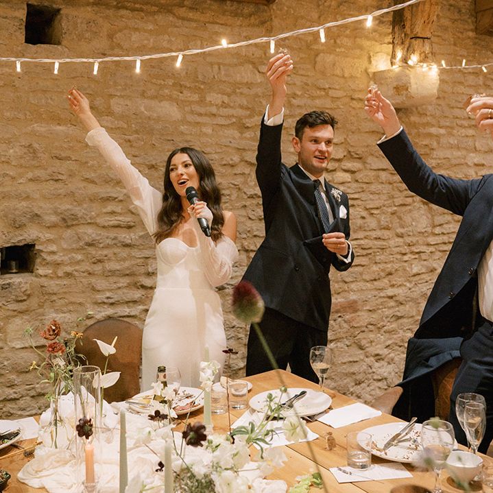 The bride and groom ask everyone to drink their tequila shot wedding favour to celebrate the marriage 