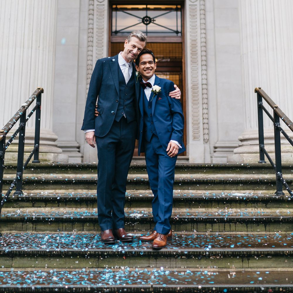 Grooms on the steps of the Old Marylebone Town Hall